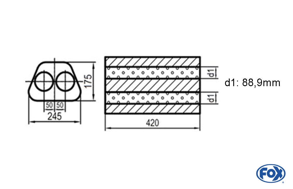 FOX Uni-Schalldämpfer Trapezoid zweiflutig - Abwicklung 711 245x175mm, d1Ø 88,9mm außen -, Länge: 420mm