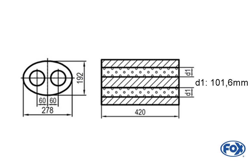 FOX Uni-Schalldämpfer oval zweiflutig - Abwicklung 754 278x192mm, d1Ø 101,6mm außen -, Länge: 420mm