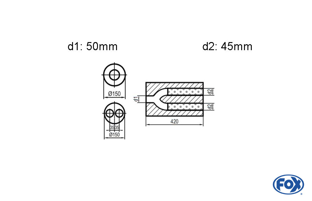 FOX Uni-Schalldämpfer rund zweiflutig mit Hose - Abwicklung 466 Ø150mm, d1Ø 50mm d2Ø 45mm, Länge: 420mm