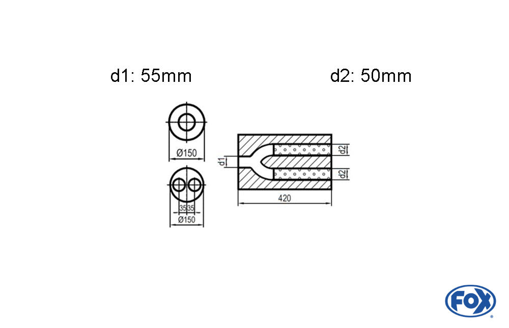 FOX Uni-Schalldämpfer rund zweiflutig mit Hose - Abwicklung 466 Ø150mm, d1Ø 55mm d2Ø 50mm, Länge: 420mm