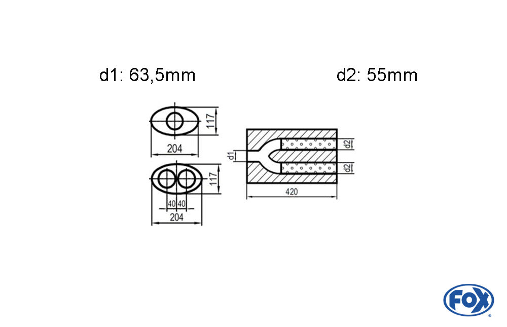 FOX Uni-Schalldämpfer oval zweiflutig mit Hose - Abwicklung 525 204x117mm, d1Ø 63,5mm d2Ø 55mm, Länge: 420mm