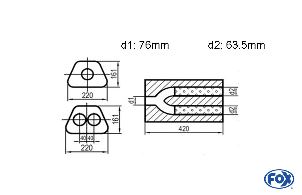 FOX Uni-Schalldämpfer trapezoid zweiflutig mit Hose - Abw. 644 220x161mm, d1Ø 76mm d2Ø 63,5mm, Länge: 420mm
