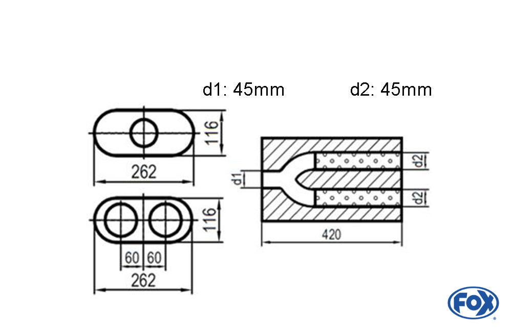 FOX Uni-Schalldämpfer oval zweiflutig mit Hose - Abwicklung 650 262x116mm, d1Ø 45mm d2Ø 40mm, Länge: 420mm