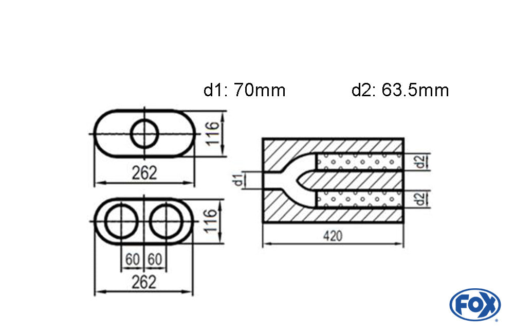 FOX Uni-Schalldämpfer oval zweiflutig mit Hose - Abwicklung 650 262x116mm, d1Ø 70mm d2Ø 60mm, Länge: 420mm