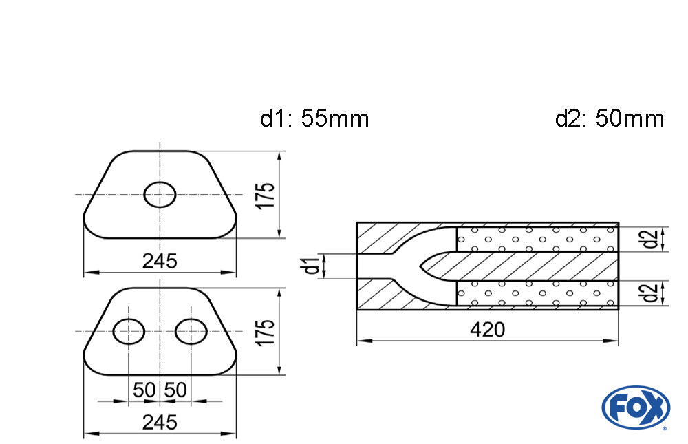 FOX Uni-Schalldämpfer trapezoid zweiflutig mit Hose - Abw. 711 245x175mm, d1Ø 55mm außen/ d2Ø 2x50mm außen - Länge: 420mm