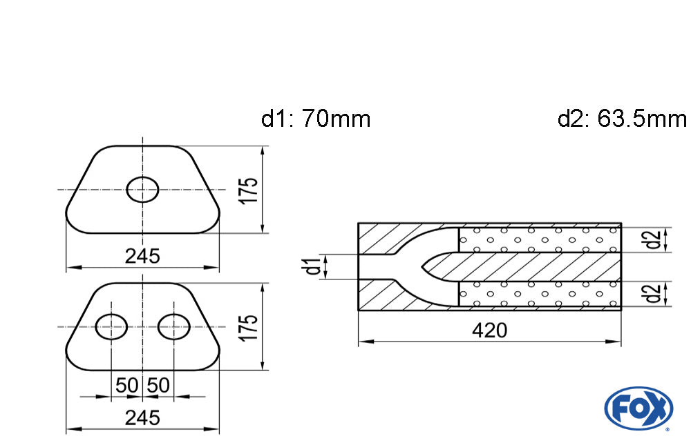 FOX Uni-Schalldämpfer trapezoid zweiflutig mit Hose - Abw. 711 245x175mm, d1Ø 70mm d2Ø 60mm, Länge: 420mm