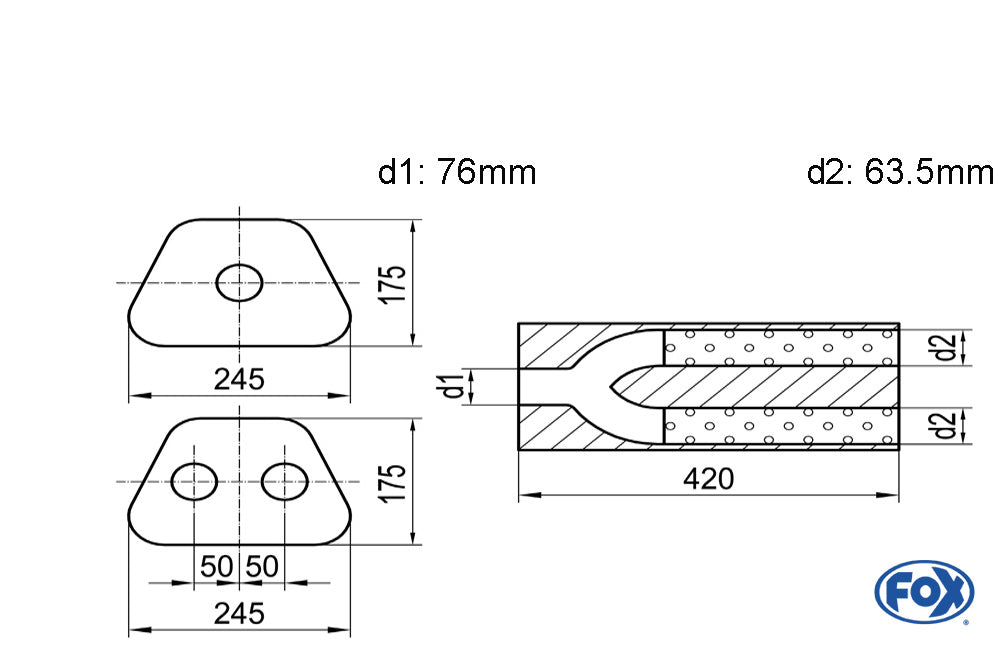 FOX Uni-Schalldämpfer trapezoid zweiflutig mit Hose - Abw. 711 245x175mm, d1Ø 76mm d2Ø 63,5mm, Länge: 420mm