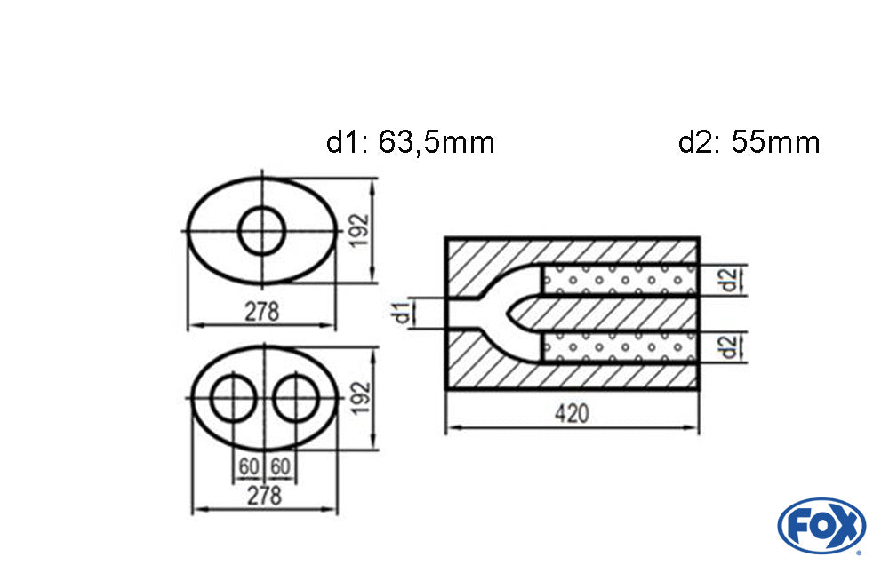 FOX Uni-Schalldämpfer oval zweiflutig mit Hose - Abwicklung 754 278x192mm, d1Ø 63,5mm d2Ø 55mm, Länge: 420mm