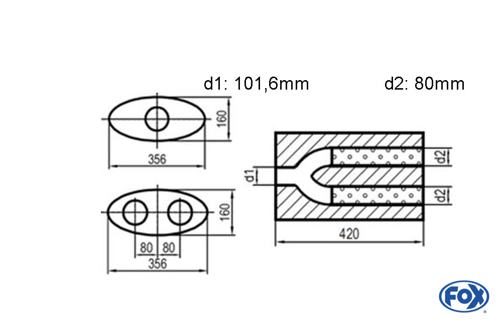 FOX Uni-Schalldämpfer oval zweiflutig mit Hose - Abwicklung 818 356x160mm, d1Ø 101,6mm d2Ø 80mm, Länge: 420mm