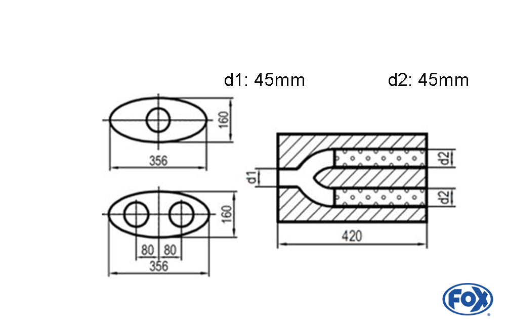 FOX Uni-Schalldämpfer oval zweiflutig mit Hose - Abwicklung 818 356x160mm, d1Ø 45mm d2Ø 40mm, Länge: 420mm
