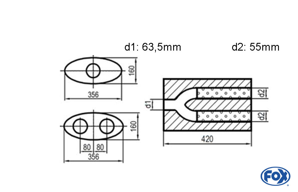 FOX Uni-Schalldämpfer oval zweiflutig mit Hose - Abwicklung 818 356x160mm, d1Ø 63,5mm d2Ø 55mm, Länge: 420mm