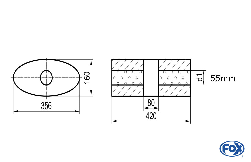 FOX Uni-Schalldämpfer oval ohne Stutzen mit Kammer - Abw. 818 356x160mm, d1Ø 55mm, Länge: 420mm