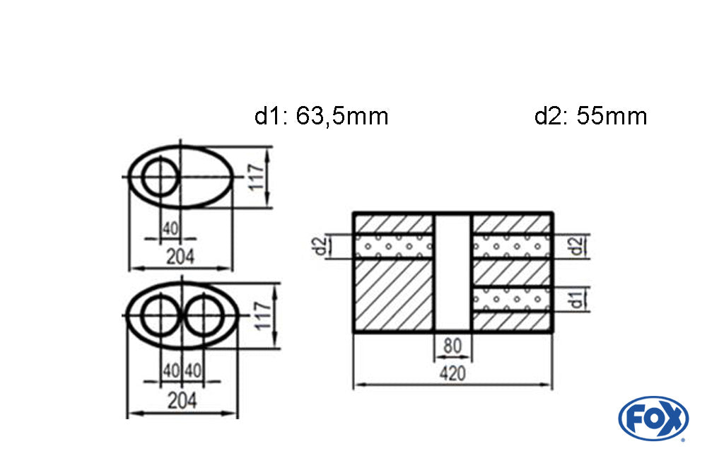 FOX Uni-Schalldämpfer oval zweiflutig mit Kammer -Abwicklung 525 204x117mm, d1Ø 63,5mm d2Ø 55mm, Länge: 420mm - Variante 1
