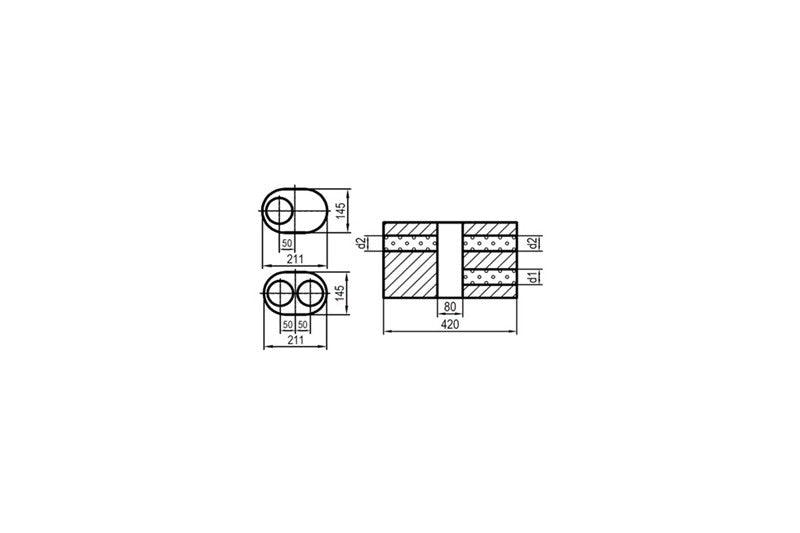 FOX Uni-Schalldämpfer oval zweiflutig mit Kammer -Abwicklung 585 211x145mm, d1Ø 76mm d2Ø 63,5mm, Länge: 420mm - Variante 1