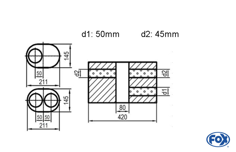 FOX Uni-Schalldämpfer oval zweiflutig mit Kammer -Abwicklung 585 211x145mm, d1Ø 50mm d2Ø 45mm, Länge: 420mm - Variante 1