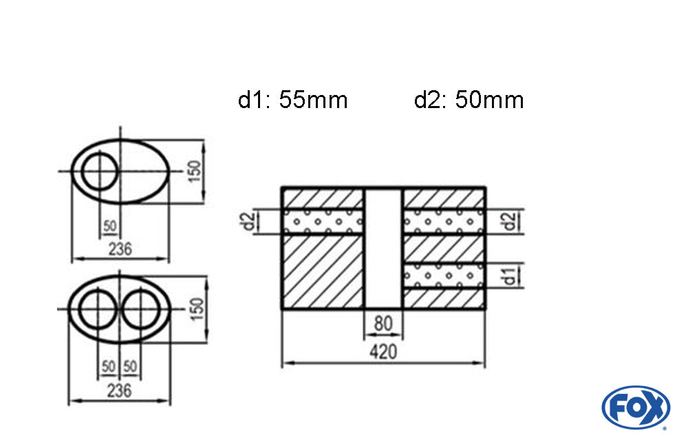 FOX Uni-Schalldämpfer oval zweiflutig mit Kammer -Abwicklung 618 236x150mm, d1Ø 55mm d2Ø 50mm, Länge: 420mm - Variante 1