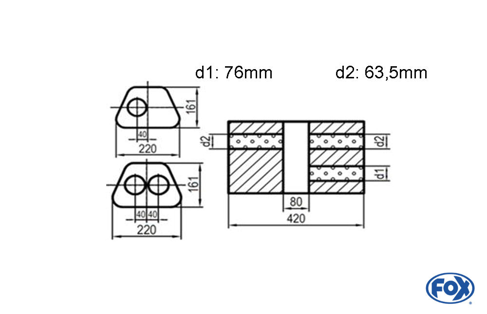 FOX Uni-Schalldämpfer Trapezoid zweiflutig mit Kammer - Abw. 644 220x161mm, d1Ø 76mm d2Ø 63,5mm, Länge: 420mm - Variante 1