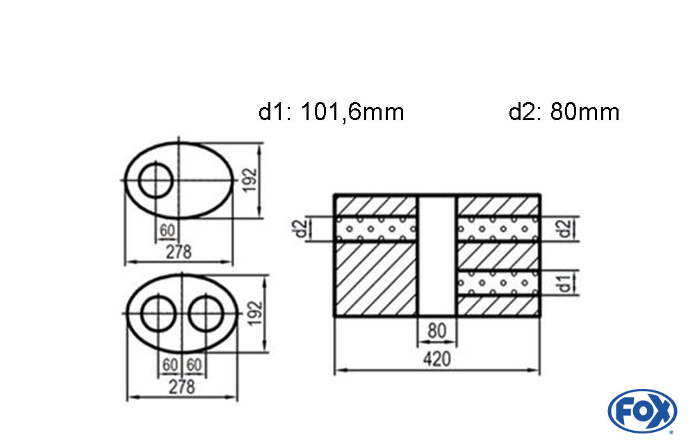 FOX Uni-Schalldämpfer oval zweiflutig mit Kammer - Abw. 754 278x192mm, d1Ø 101,6mm d2Ø 80mm, Länge: 420mm - Variante 1