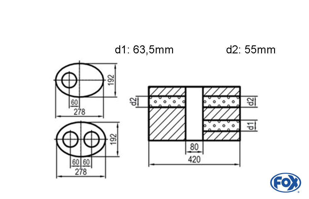 FOX Uni-Schalldämpfer oval zweiflutig mit Kammer - Abw. 754 278x192mm, d1Ø 63,5mm d2Ø 55mm, Länge: 420mm - Variante 1