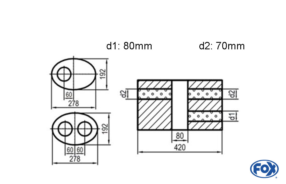 FOX Uni-Schalldämpfer oval zweiflutig mit Kammer - Abw. 754 278x192mm, d1Ø 80mm d2Ø 70mm, Länge: 420mm - Variante 1