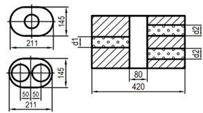 FOX Uni-Schalldämpfer oval zweiflutig mit Kammer - Abw. 585 211x145mm, d1Ø 76mm d2Ø 63,5mm, Länge: 420mm - Variante 2
