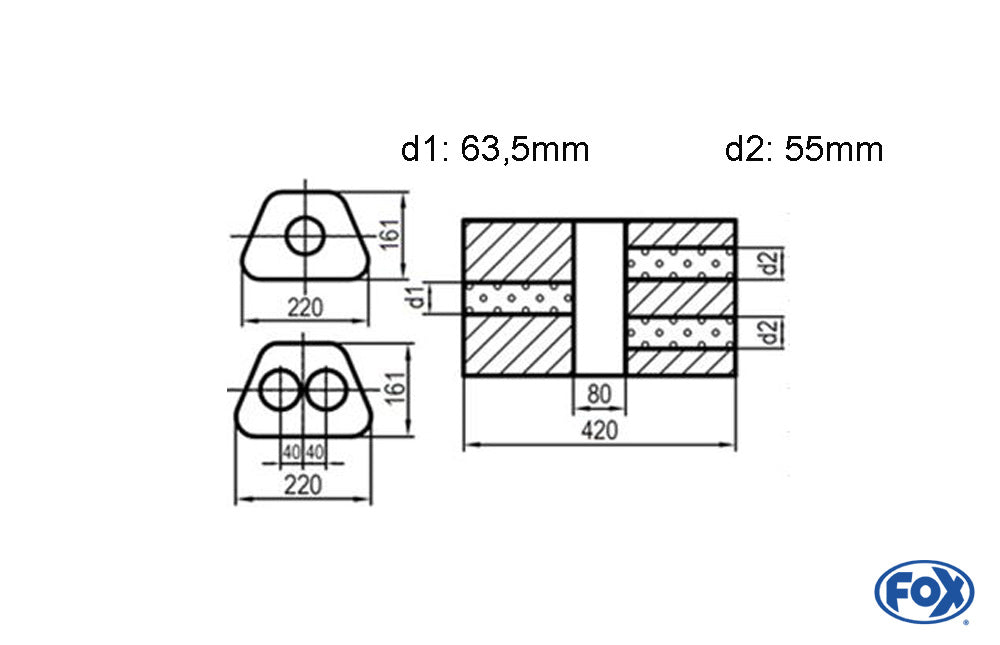 FOX Uni-Schalldämpfer Trapezoid zweiflutig mit Kammer - Abw. 644 220x161mm, d1Ø 63,5mm d2Ø 55mm, Länge: 420mm - Variante 2