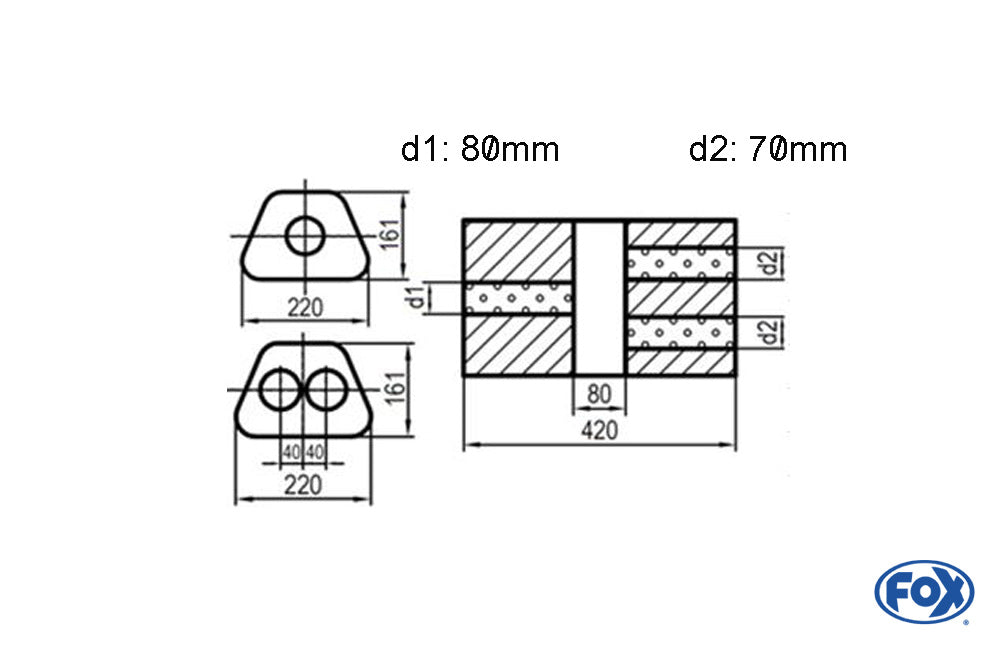 FOX Uni-Schalldämpfer Trapezoid zweiflutig mit Kammer - Abw. 644 220x161mm, d1Ø 80mm d2Ø 70mm, Länge: 420mm - Variante 2