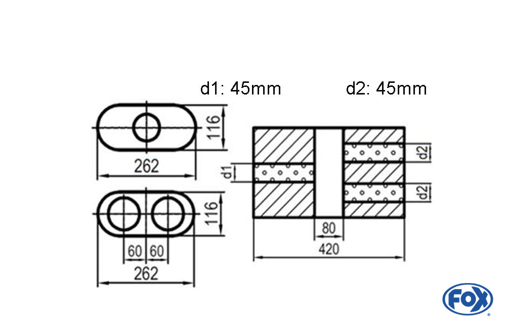 FOX Uni-Schalldämpfer oval zweiflutig mit Kammer - Abw. 650 262x116mm, d1Ø 45mm d2Ø 40mm, Länge: 420mm - Variante 2