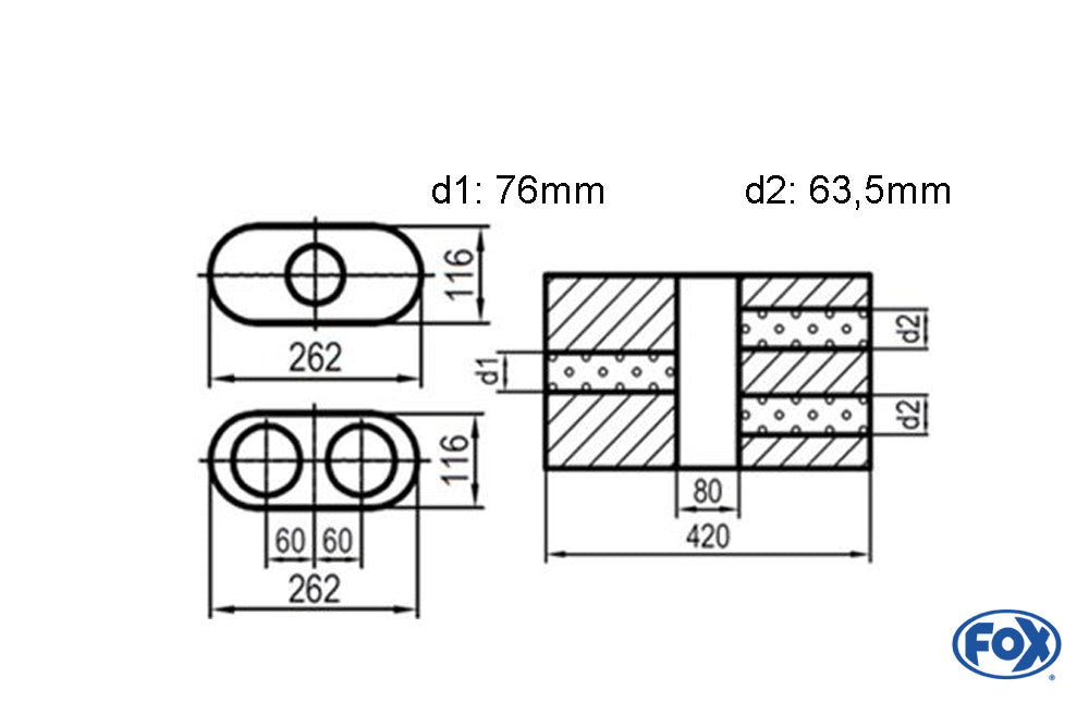 FOX Uni-Schalldämpfer oval zweiflutig mit Kammer - Abw. 650 262x116mm, d1Ø 76mm d2Ø 63,5mm, Länge: 420mm - Variante 2
