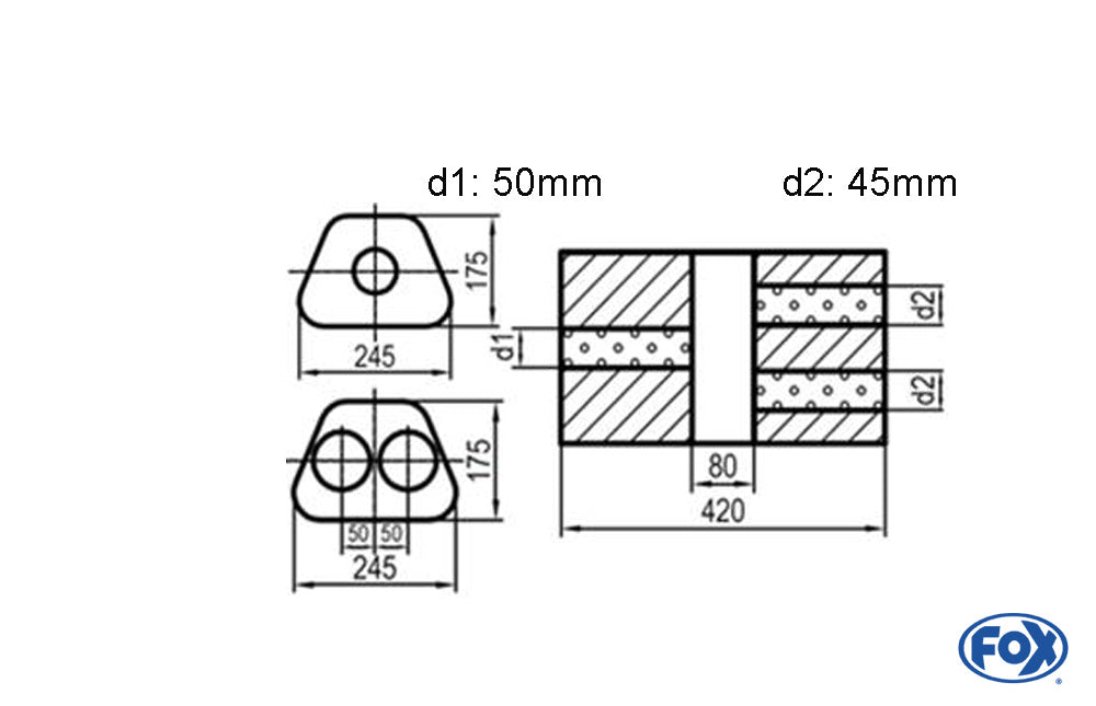 FOX Uni-Schalldämpfer Trapezoid zweiflutig mit Kammer - Abw. 711 245x175mm, d1Ø 50mm d2Ø 45mm, Länge: 420mm - Variante 2