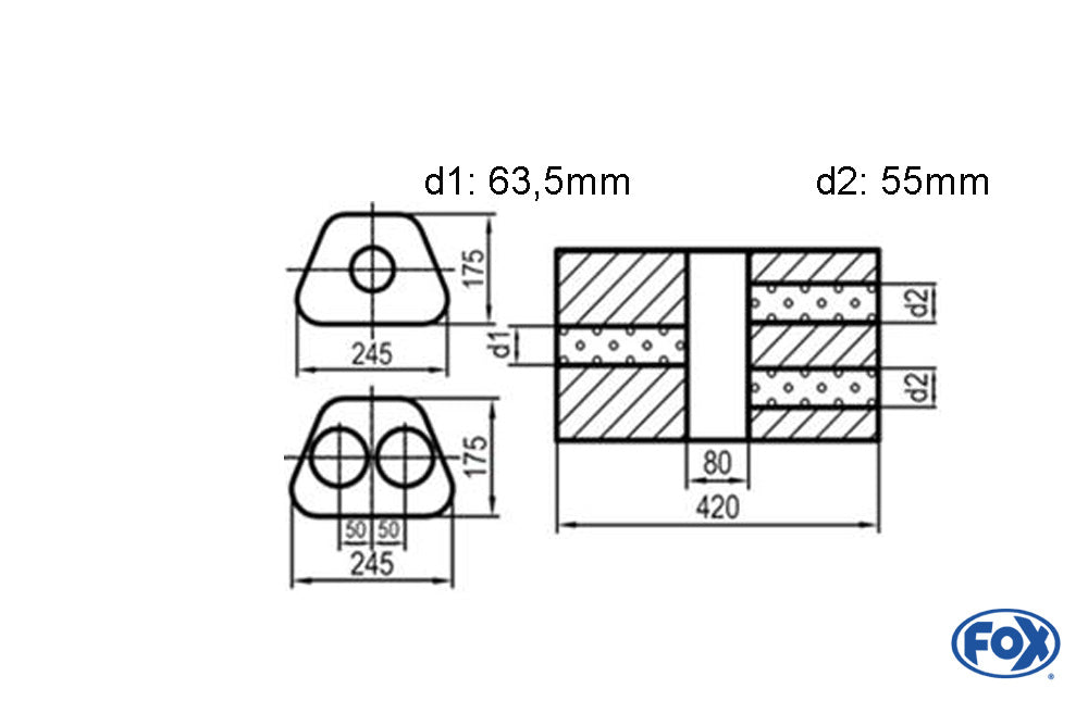 FOX Uni-Schalldämpfer Trapezoid zweiflutig mit Kammer - Abw. 711 245x175mm, d1Ø 63,5mm d2Ø 55mm, Länge: 420mm - Variante 2