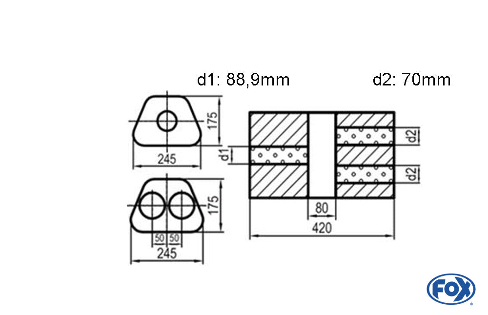 FOX Uni-Schalldämpfer Trapezoid zweiflutig mit Kammer - Abw. 711 245x175mm, d1Ø 88,9mm d2Ø 70mm, Länge: 420mm - Variante 2
