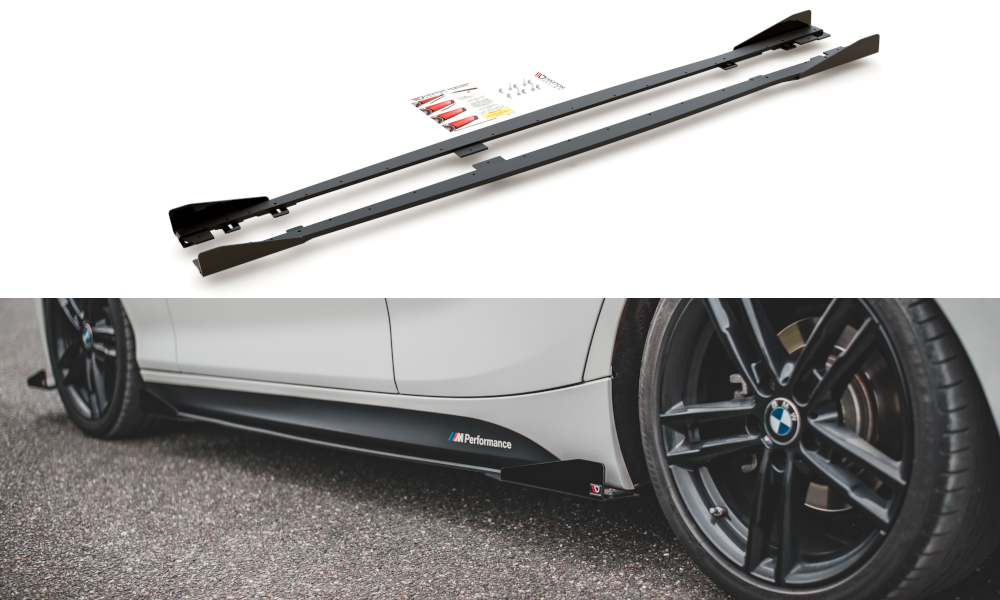 Maxton Robuste Racing Seitenschweller Ansatz für für V.2 + Flaps BMW 1er F20 M135i / M140i / M-Paket schwarz Hochglanz