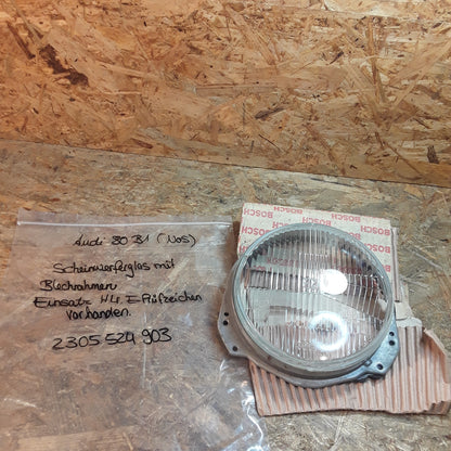 Audi 80 B1 (NOS) Scheinwrferglas mit Blechrahmen und Dichtung Einsatz H4 E-Prüfzeichen vorhanden original Bosch NEU