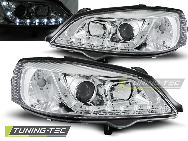 Tuning-Tec LED Tagfahrlicht Scheinwerfer für Opel Astra G 98-04 chrom