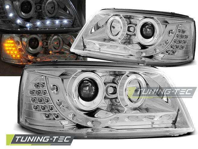 Tuning-Tec LED Tagfahrlicht Scheinwerfer für VW T5 03-09 chrom mit LED Blinker