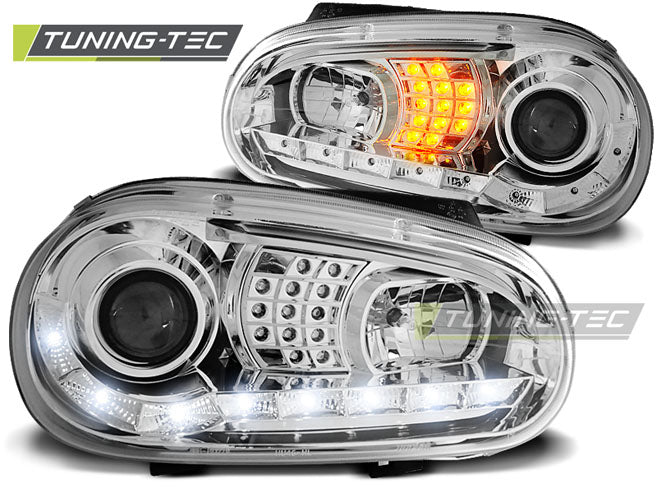 Tuning-Tec LED Tagfahrlicht Scheinwerfer für VW Golf 4 97-03 chrom mit LED Blinker