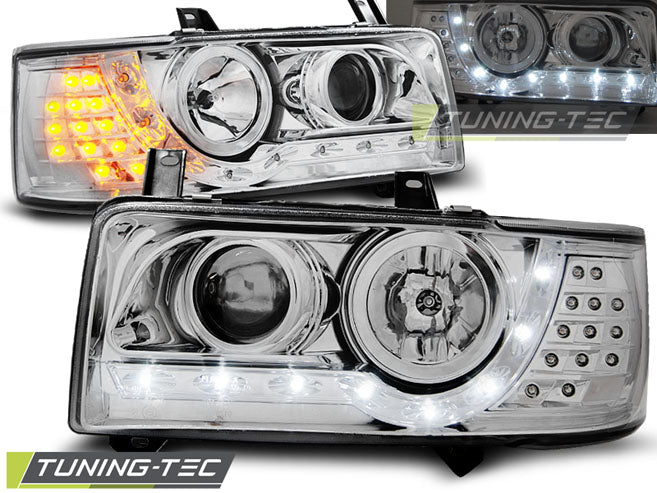 Tuning-Tec LED Tagfahrlicht Scheinwerfer für VW T4 90-03 (kurzer Vorderwagen) chrom mit LED Blinker