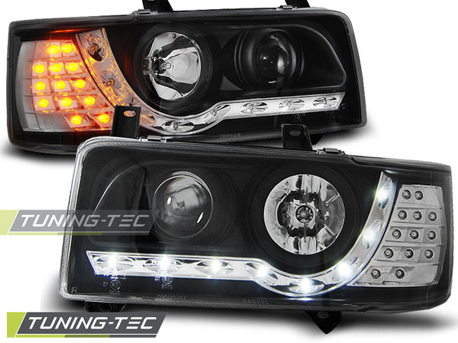 Tuning-Tec LED Tagfahrlicht Scheinwerfer für VW T4 90-03 (kurzer Vorderwagen) schwarz mit LED Blinker