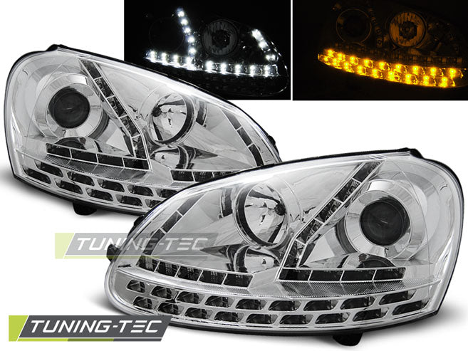 Tuning-Tec LED Tagfahrlicht Scheinwerfer für VW Golf 5 03-09 chrom mit LED Blinker