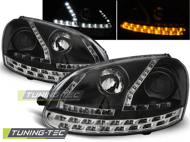 Tuning-Tec LED Tagfahrlicht Scheinwerfer für VW Golf 5 schwarz mit LED Blinker