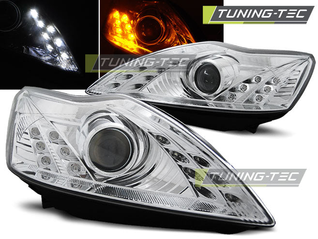 Tuning-Tec LED Tagfahrlicht Scheinwerfer für Ford Focus MK2 08-10 chrom mit LED Blinker