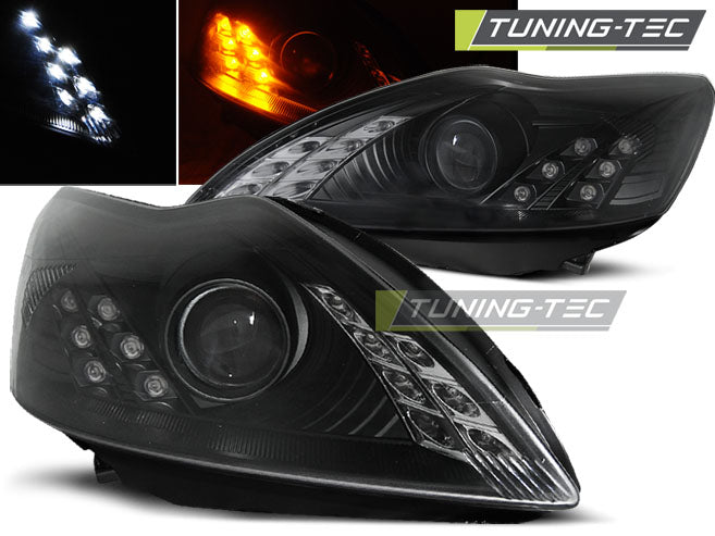 Tuning-Tec LED Tagfahrlicht Scheinwerfer für Ford Focus MK2 08-10 schwarz mit LED Blinker
