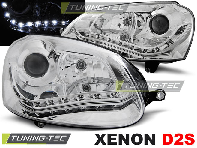 Tuning-Tec Xenon LED Tagfahrlicht Scheinwerfer für VW Golf 5 03-09 chrom