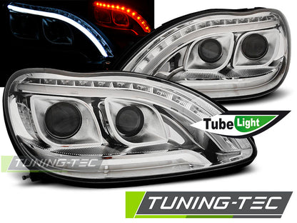 Tuning-Tec LED Tagfahrlicht Scheinwerfer für Mercedes Benz S-Klasse W220 98-05 chrom mit LED Blinker