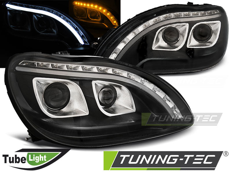 Tuning-Tec LED Tagfahrlicht Scheinwerfer für Mercedes Benz S-Klasse W220 98-05 schwarz mit LED Blinker