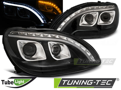 Tuning-Tec LED Tagfahrlicht Scheinwerfer für Mercedes Benz S-Klasse W220 98-05 schwarz mit LED Blinker