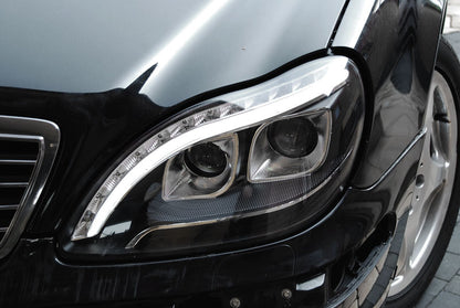 Tuning-Tec LED Tagfahrlicht Scheinwerfer für Mercedes Benz S-Klasse W220 98-05 schwarz mit LED Blinker