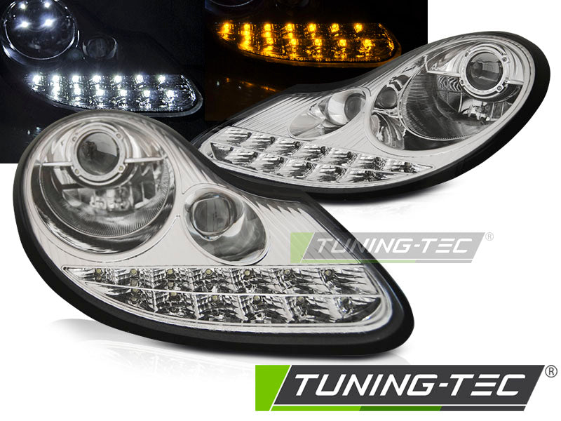 Tuning-Tec LED Tagfahrlicht Scheinwerfer für Porsche Boxster 986 / 911 996 96-04 chrom mit LED Blinker