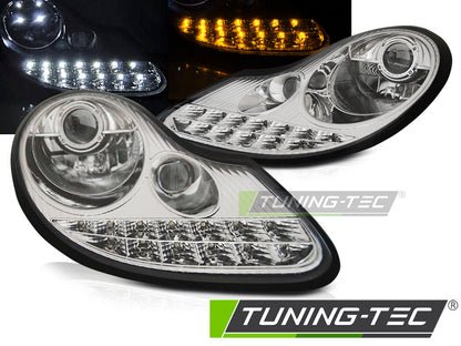 Tuning-Tec LED Tagfahrlicht Scheinwerfer für Porsche Boxster 986 / 911 996 96-04 chrom mit LED Blinker